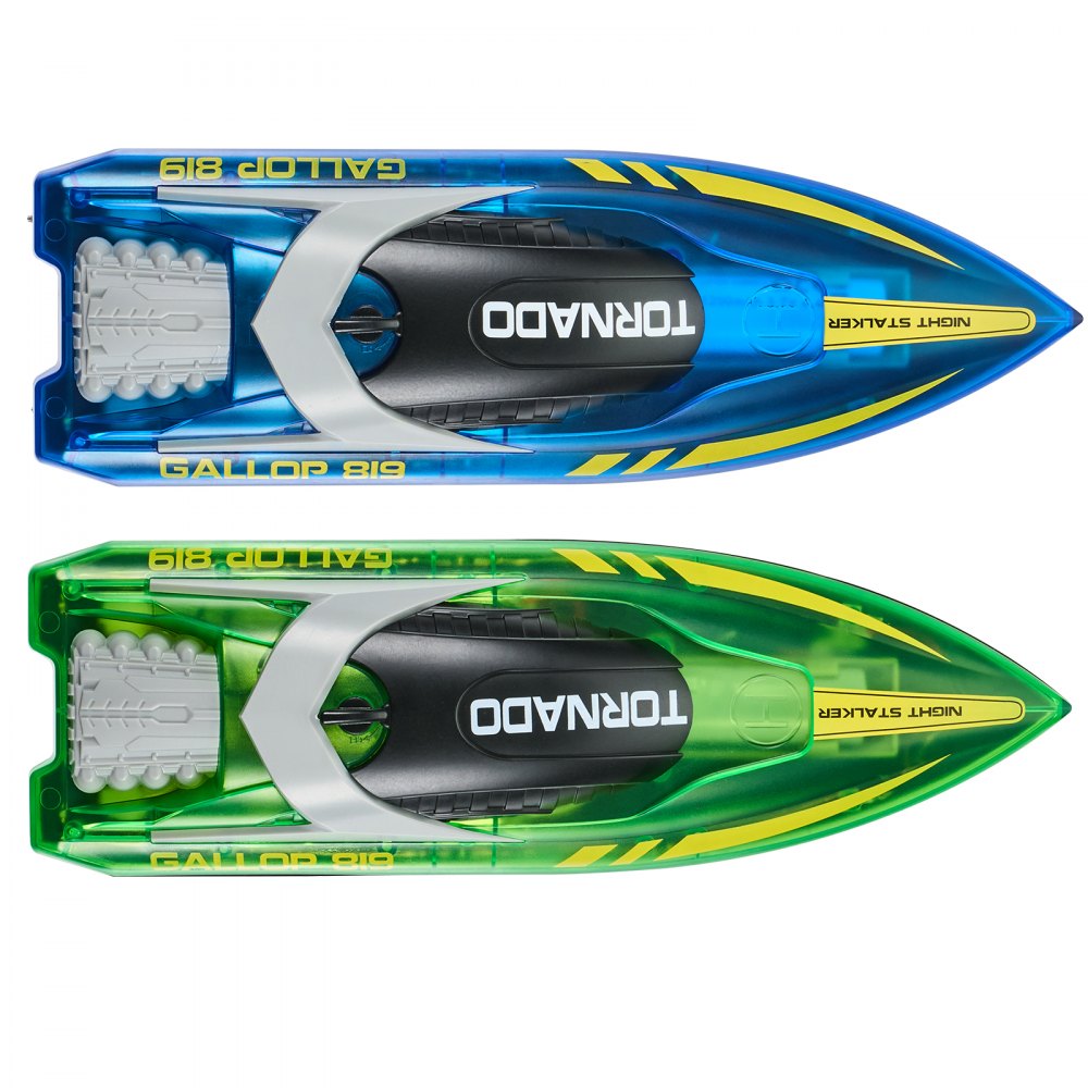 VEVOR RC Boat, 2 Pack 2.4GHz 12 km/h, Remote Control Boat for Pools & Lakes, Racing Boat with LED Light, 4 Rechargeable Batteries, Whole Body Waterproof, Gift for Adults Boys & Girls, Blue & Green