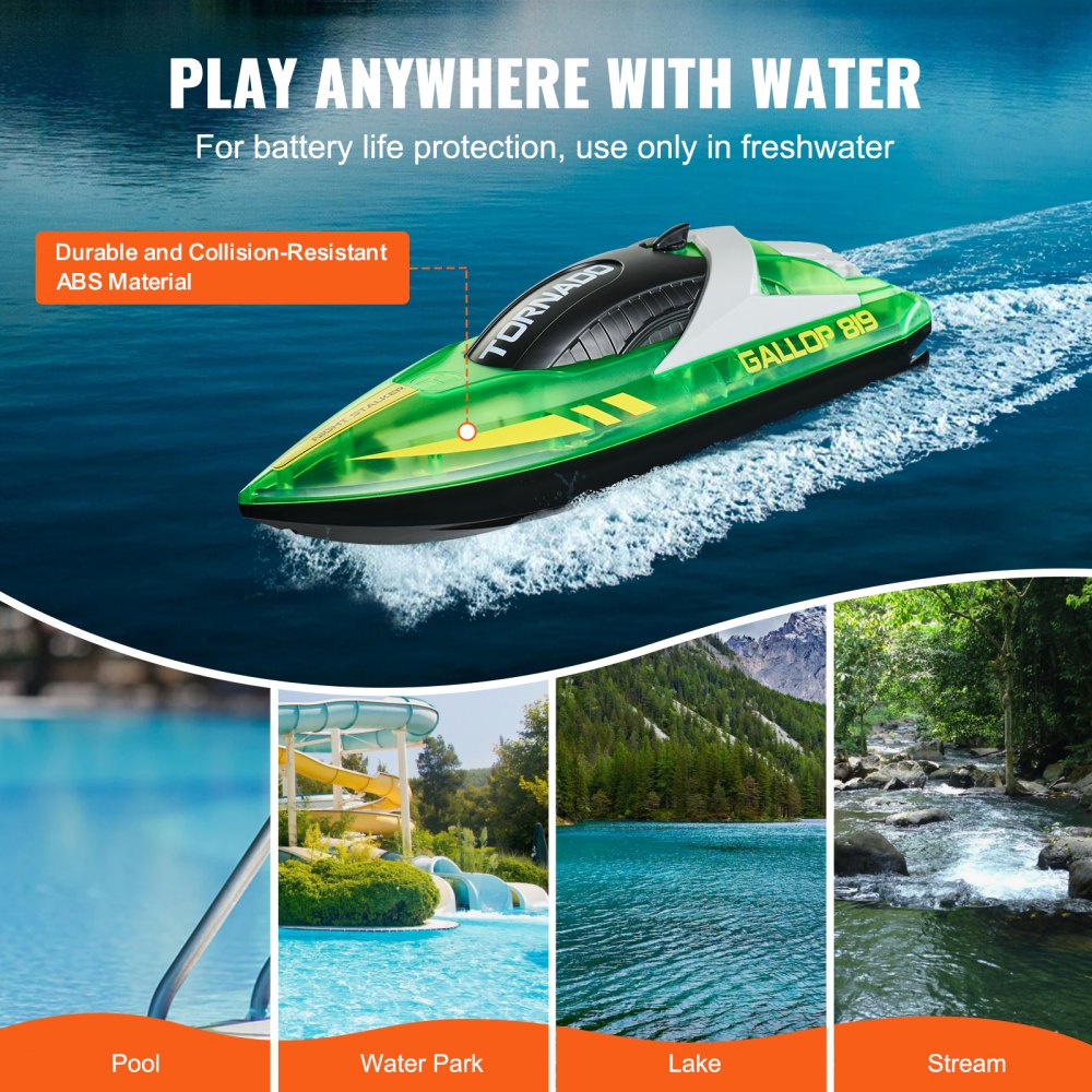 VEVOR RC Boat, 2.4GHz 12 km/h, Remote Control Boat for Pools & Lakes, Racing Boat with LED Light, 2 Rechargeable Batteries, Whole Body Waterproof, Water Play Toy Gift for Adults Boys & Girls, Green