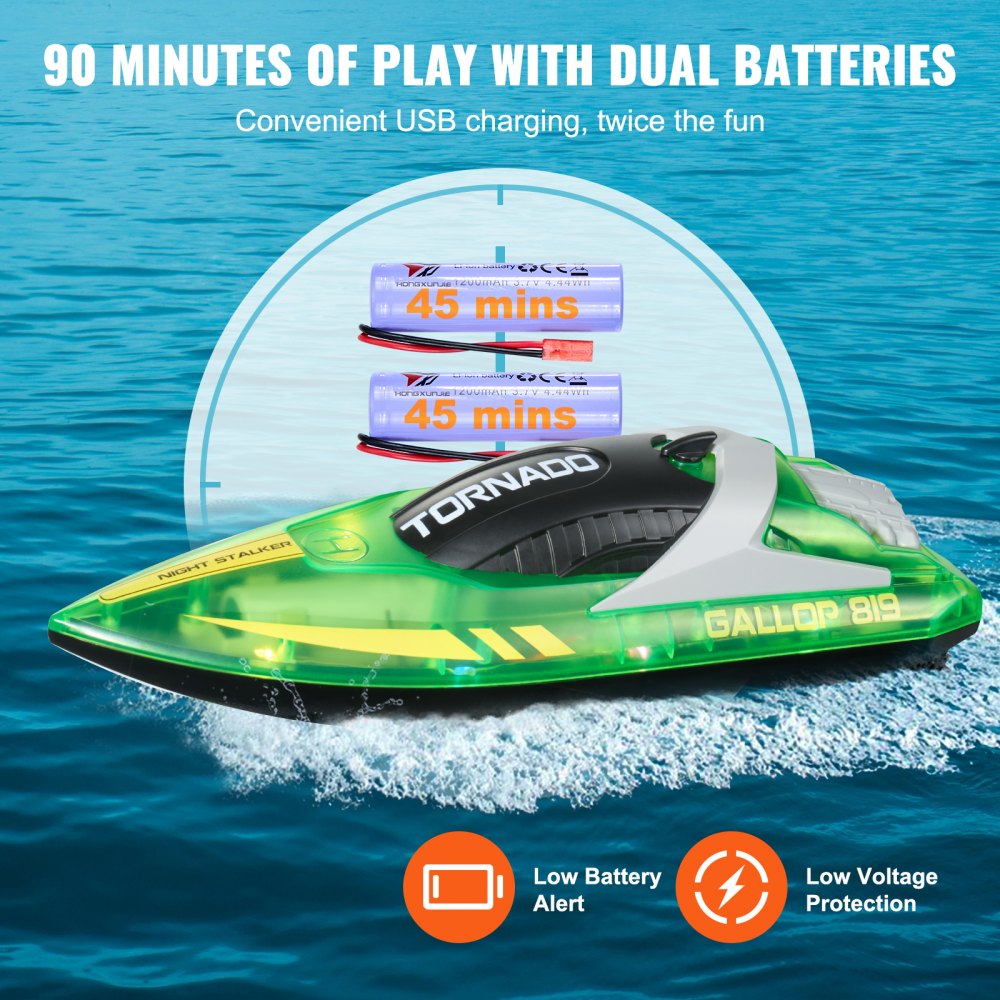 VEVOR RC Boat, 2.4GHz 12 km/h, Remote Control Boat for Pools & Lakes, Racing Boat with LED Light, 2 Rechargeable Batteries, Whole Body Waterproof, Water Play Toy Gift for Adults Boys & Girls, Green