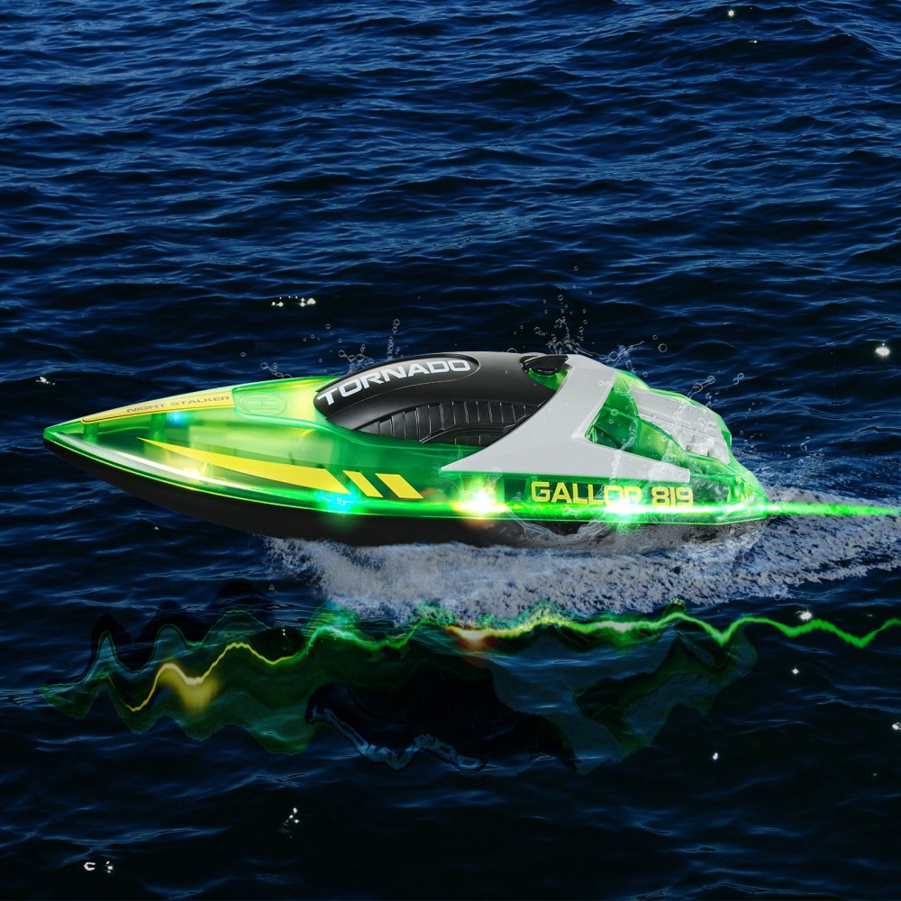 VEVOR RC Boat, 2.4GHz 12 km/h, Remote Control Boat for Pools & Lakes, Racing Boat with LED Light, 2 Rechargeable Batteries, Whole Body Waterproof, Water Play Toy Gift for Adults Boys & Girls, Green