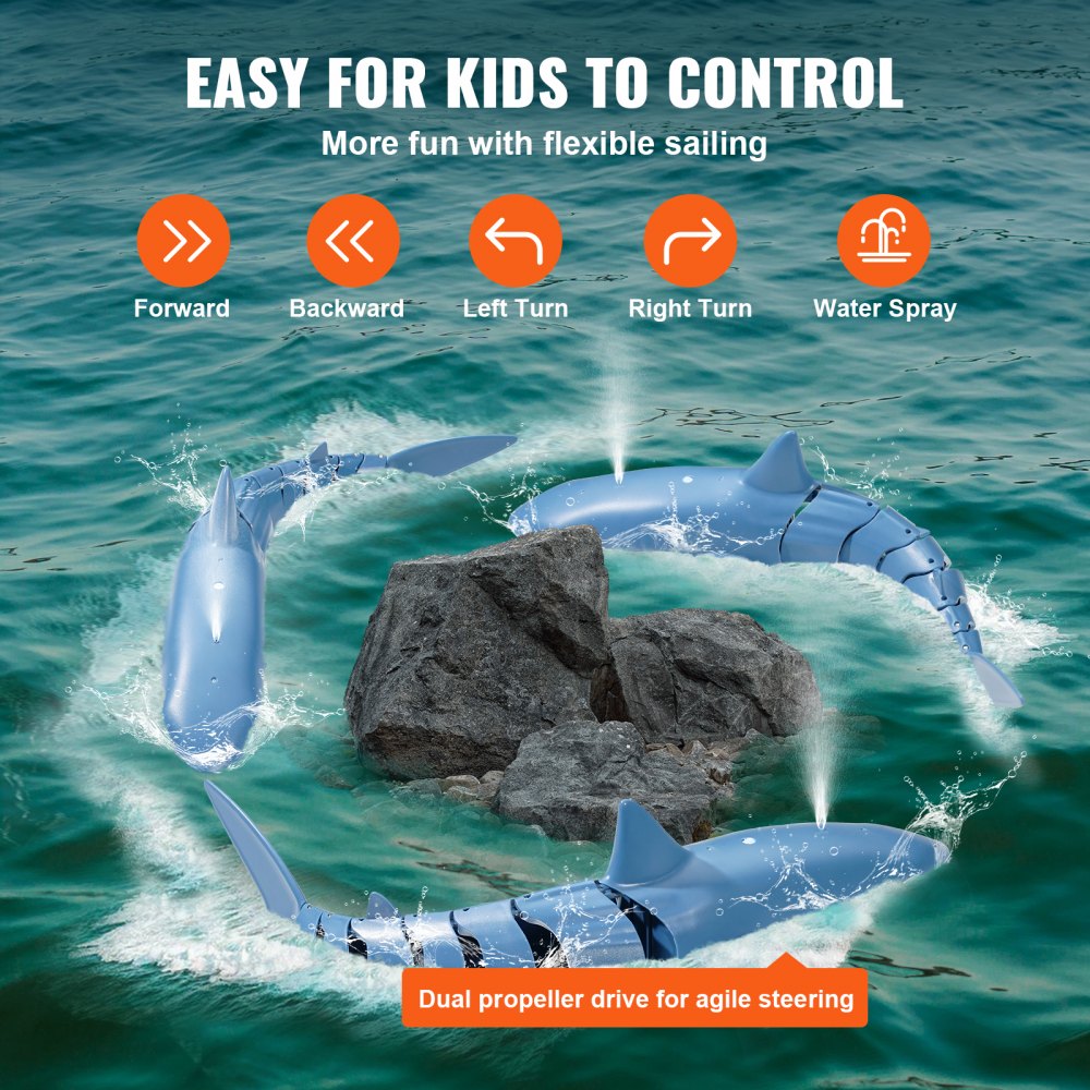 VEVOR Remote Control Shark Toy, 2.4GHz High Simulation Shark RC Boat for Swimming Pool Bathroom, Electric RC Shark Fish Toy with 2 Batteries, Light & Spray Water Function for 6+ Year Old Boys & Girls