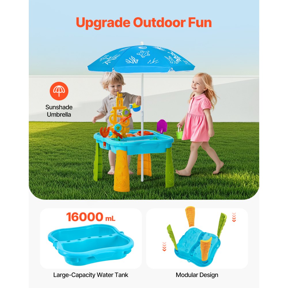 VEVOR Sand and Water Table for Toddlers, Kids Activity Sensory Table, Outdoor Sand Water Playset with 11PCS Toy Accessories & Umbrella, Summer Water Activity Table for 3+ Years Boys Girls, Ideal Gift