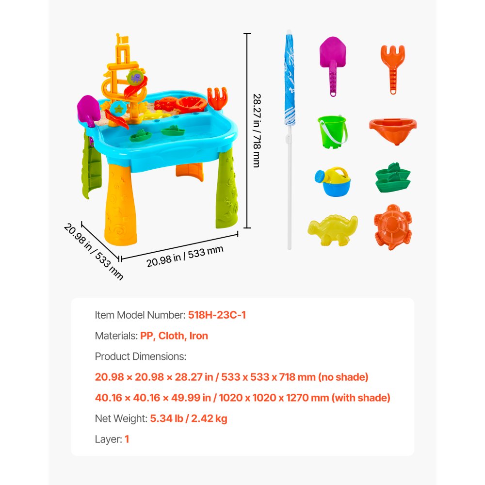 VEVOR Sand and Water Table for Toddlers, Kids Activity Sensory Table, Outdoor Sand Water Playset with 11PCS Toy Accessories & Umbrella, Summer Water Activity Table for 3+ Years Boys Girls, Ideal Gift