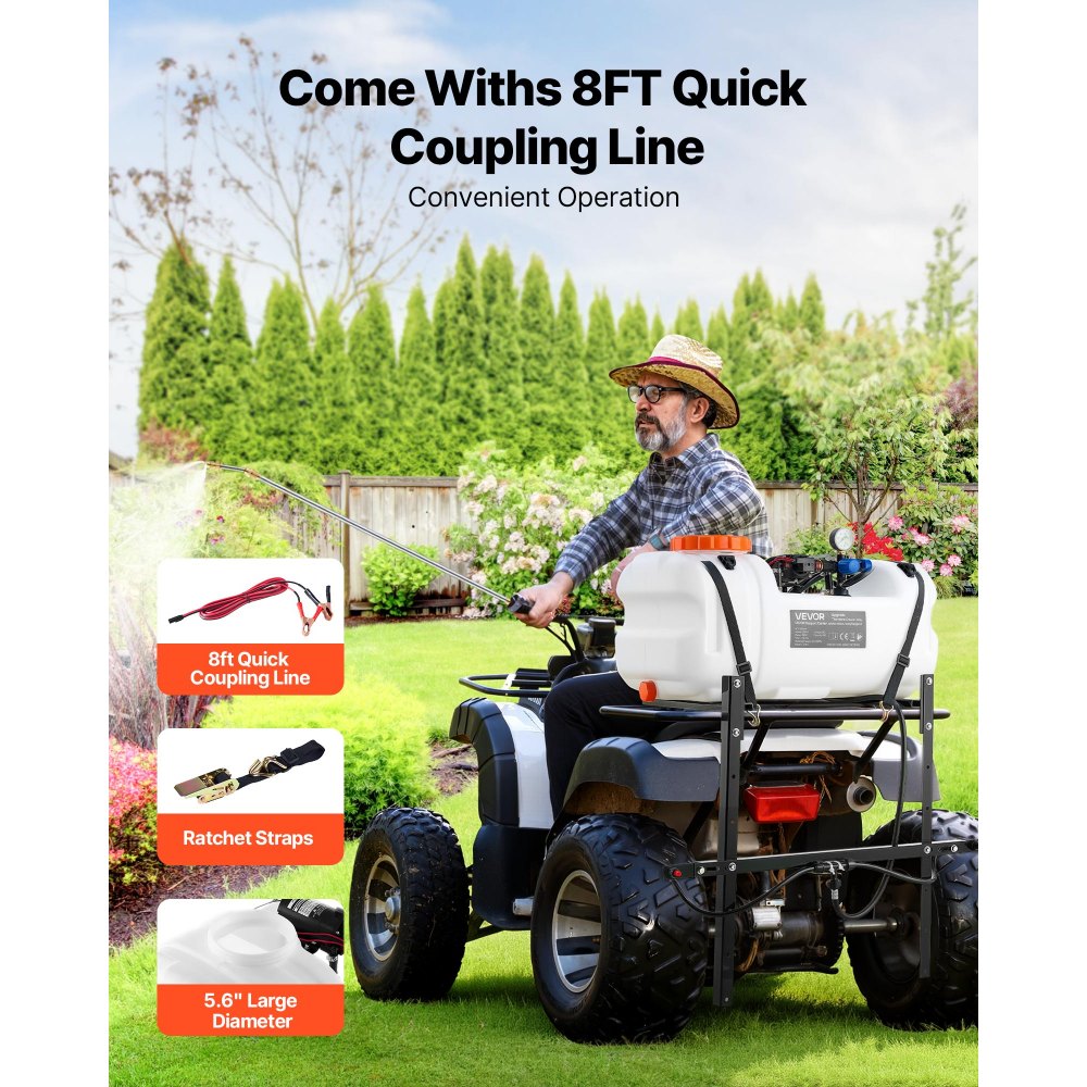 VEVOR ATV Spot Sprayer 15.9 Gal/60L 12V Pump ATV/UTV Broadcast Sprayer, for Garden Farm, 1.9 GPM Flow Rate, Adjustable 0-72 PSI, Weed Spray with Brass Nozzle, Boom, Water Tank, 20 ft Hose, White