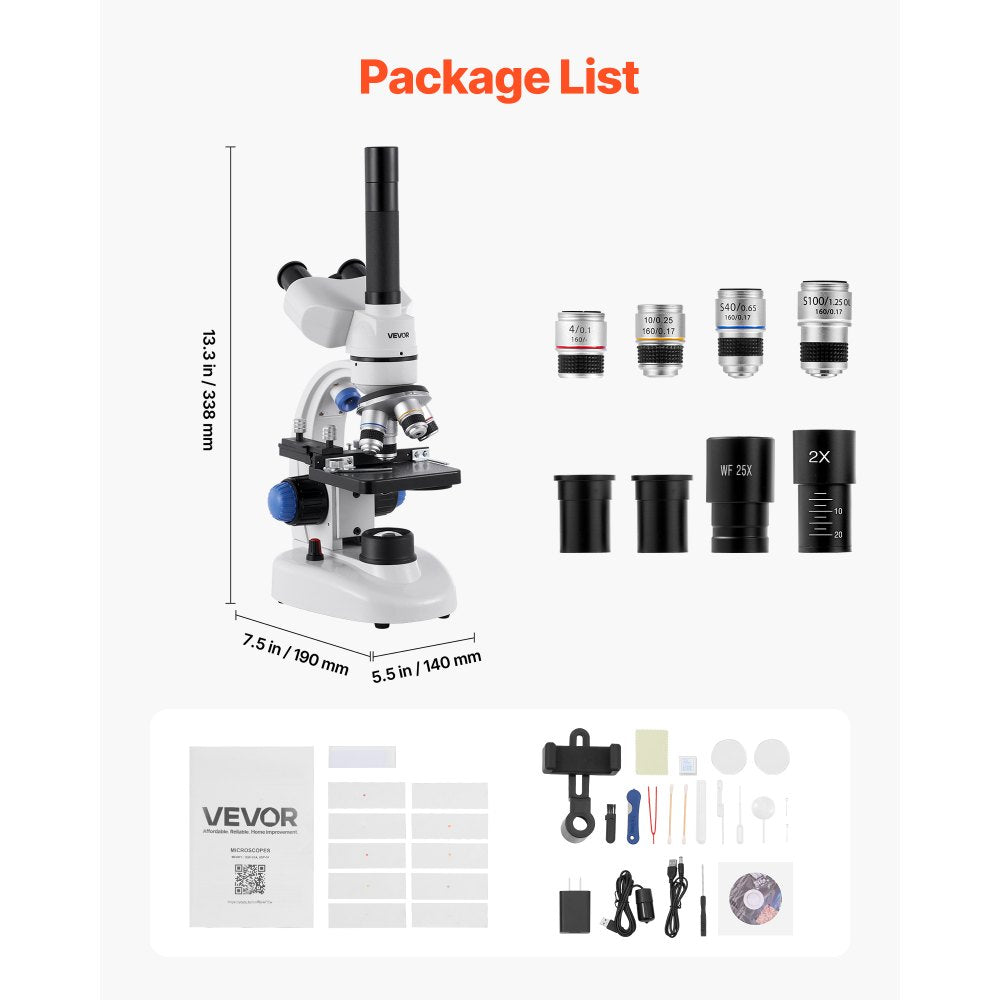 VEVOR Trinocular Microscope, 40-5000X Magnification, Professional Compound Microscope for Adult with Phone Adapter, LED Light, Aluminum Alloy Body, for Lab, School, Home, Education