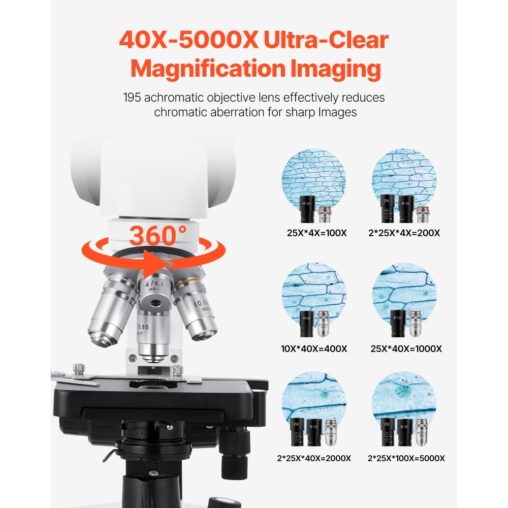 VEVOR Binocular Microscope, 40-5000X Magnification, Professional Compound Microscope for Adult with Dual Stage and Two Sets of Eyepieces, Aluminum Alloy Body, Includes LED Light and Phone Holder