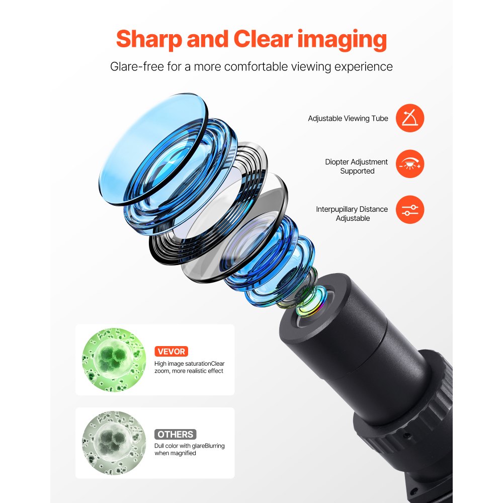 VEVOR Binocular Microscope, 40-5000X Magnification, Professional Compound Microscope for Adult with Dual Stage and Two Sets of Eyepieces, Aluminum Alloy Body, Includes LED Light and Phone Holder