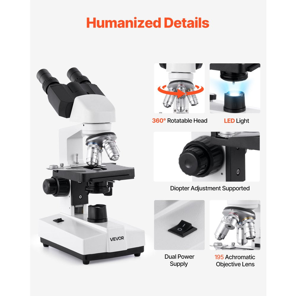 VEVOR Binocular Microscope, 40-5000X Magnification, Professional Compound Microscope for Adult with Dual Stage and Two Sets of Eyepieces, Aluminum Alloy Body, Includes LED Light and Phone Holder