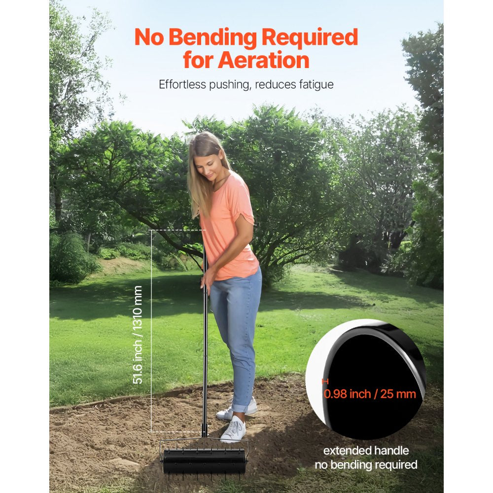 VEVOR Rolling Lawn Aerator, 21-inch Heavy-Duty Manual Rolling Aerator Lawn with Detachable Handle and 33 Iron Spikes, Rolling Lawn Aeration Tool for Garden Patio Yard Compacted Soils and Lawns, Black