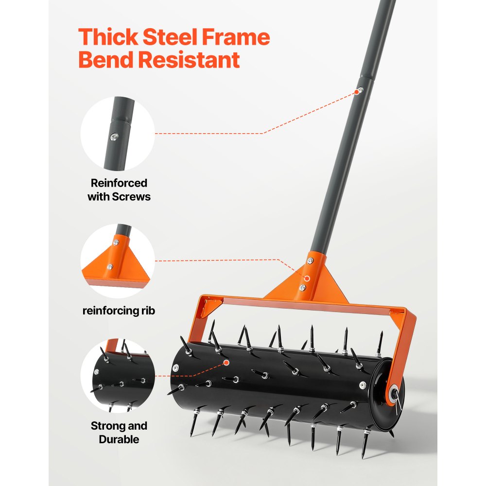VEVOR Rolling Lawn Aerator, 15 in Manual Push Aerator Roller with 42 Spikes & 60 in Long Handle, Fillable Drum for Added Weight, Heavy-Duty Lawn Soil Penetrator for Garden Yard Compacted Soils