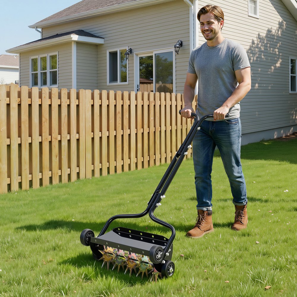 VEVOR Lawn Aerator, 18 in Manual Push Spike Aerator with 4 Wheels & Handle, Heavy Duty Grass Aerators, Supports 40 lbs Added Weight, Rolling Lawn Aeration Tool for Garden Yard Aeration Soil Health