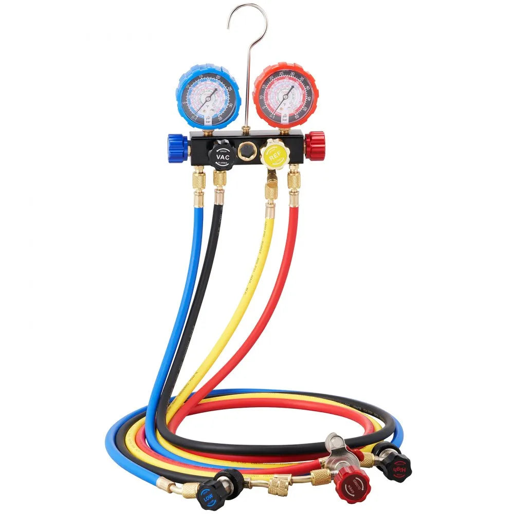 VEVOR 4 Way AC Gauge - AC Manifold Gauge Set for R134A R22 R12 R410A Refrigerant, Freon Gauges with 5ft Hoses, Couplers, Can Tap Works on Car Auto Freon Charging and Evacuation