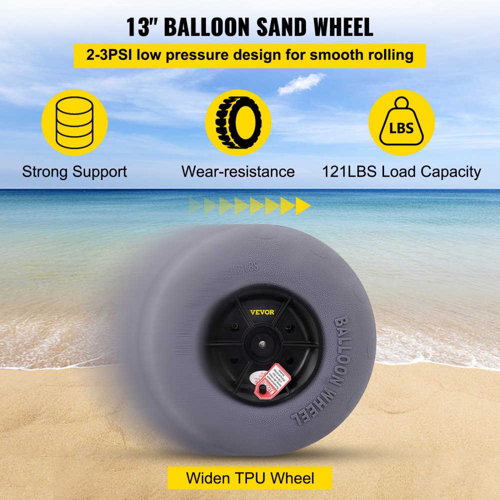 VEVOR Beach Balloon Wheels, 13\" Replacement Sand Tires with 32\" Stainless Steel Axle, TPU Cart Tires for Kayak Dolly, Canoe Cart and Buggy with Free Air Pump, 2-Pack