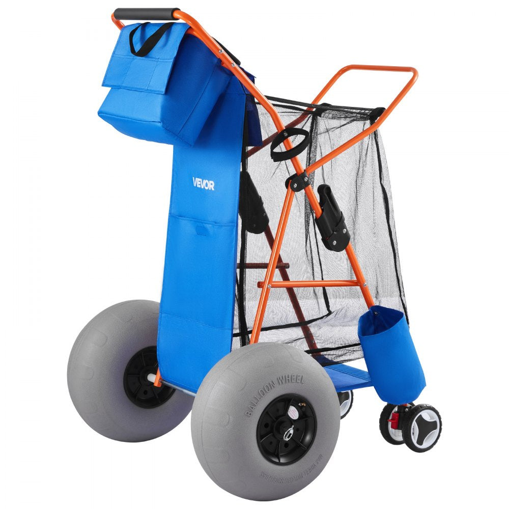 VEVOR Beach Cart with Large Wheels for Sand, 165 lbs Load Capacity, Heavy Duty Folding Beach Wagon with 12" Balloon Wheels, Insulated Cooler Bag, Umbrella Holder, Holds 4 Chairs for Camping & Fishing
