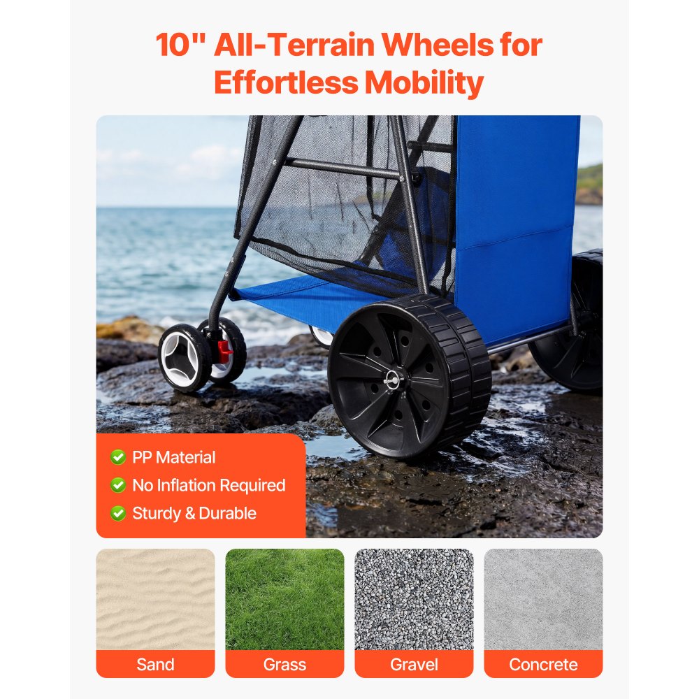 VEVOR Beach Cart with Large Wheels for Sand, 165 lbs Load Capacity, Heavy Duty Folding Beach Wagon with 10" Solid Wheels, Insulated Cooler Bag, Umbrella Holder, Holds 4 Chairs for Camping & Fishing