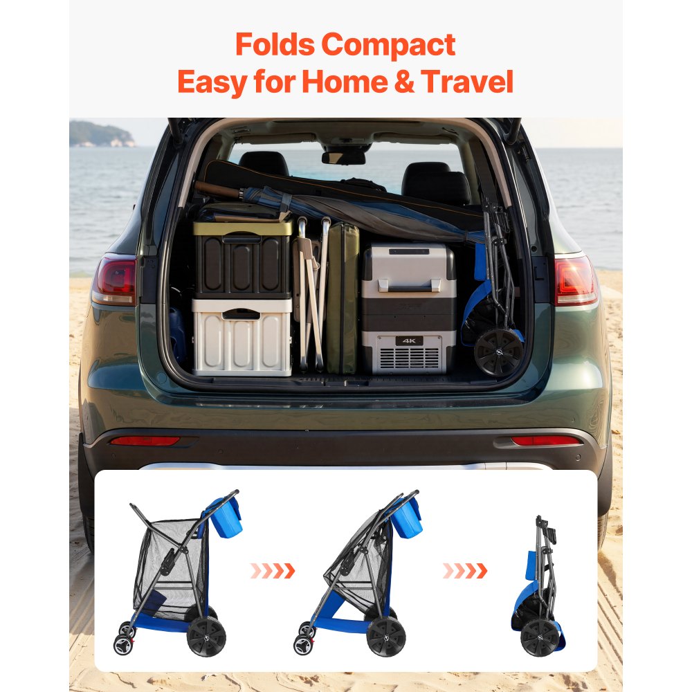 VEVOR Beach Cart with Large Wheels for Sand, 165 lbs Load Capacity, Heavy Duty Folding Beach Wagon with 10" Solid Wheels, Insulated Cooler Bag, Umbrella Holder, Holds 4 Chairs for Camping & Fishing