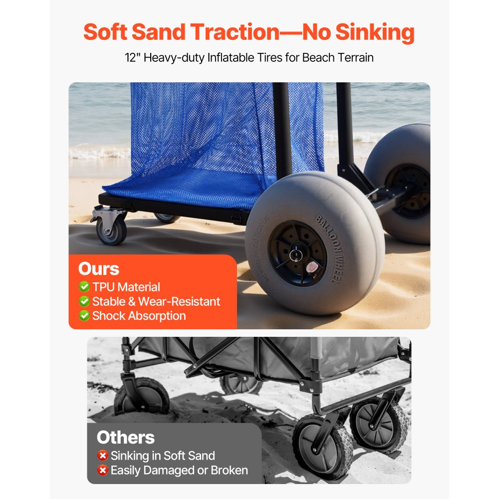 VEVOR Beach Cart with Large Wheels for Sand, 165 lbs Load Capacity, Heavy Duty Folding Beach Wagon with 12" Balloon Wheels, Storage Bag, 180° Adjustable Handlebar, Dolly for Camping Fishing Garden