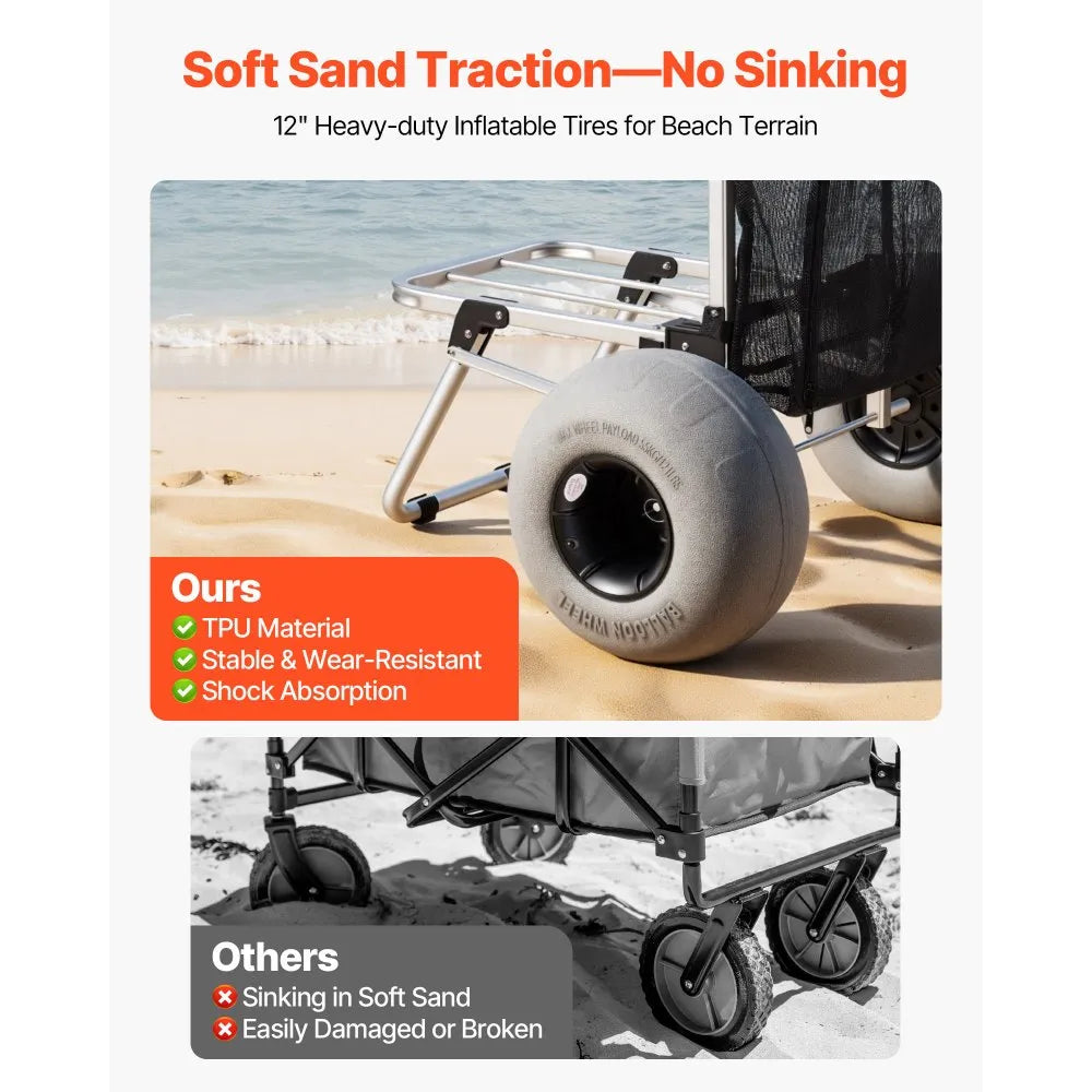 VEVOR Beach Dolly with Big Wheels for Sand, 20" x 15" Cargo Deck, Folding Sand Cart with 12" Balloon Wheels, 165 lbs Loading Capacity & 34" to 46" Adjustable Height, Heavy Duty Cart for Beach Camping
