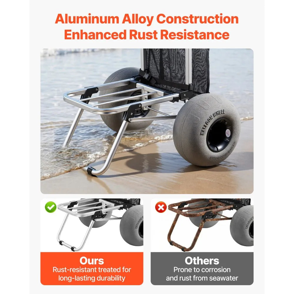 VEVOR Beach Dolly with Big Wheels for Sand, 20" x 15" Cargo Deck, Folding Sand Cart with 12" Balloon Wheels, 165 lbs Loading Capacity & 34" to 46" Adjustable Height, Heavy Duty Cart for Beach Camping