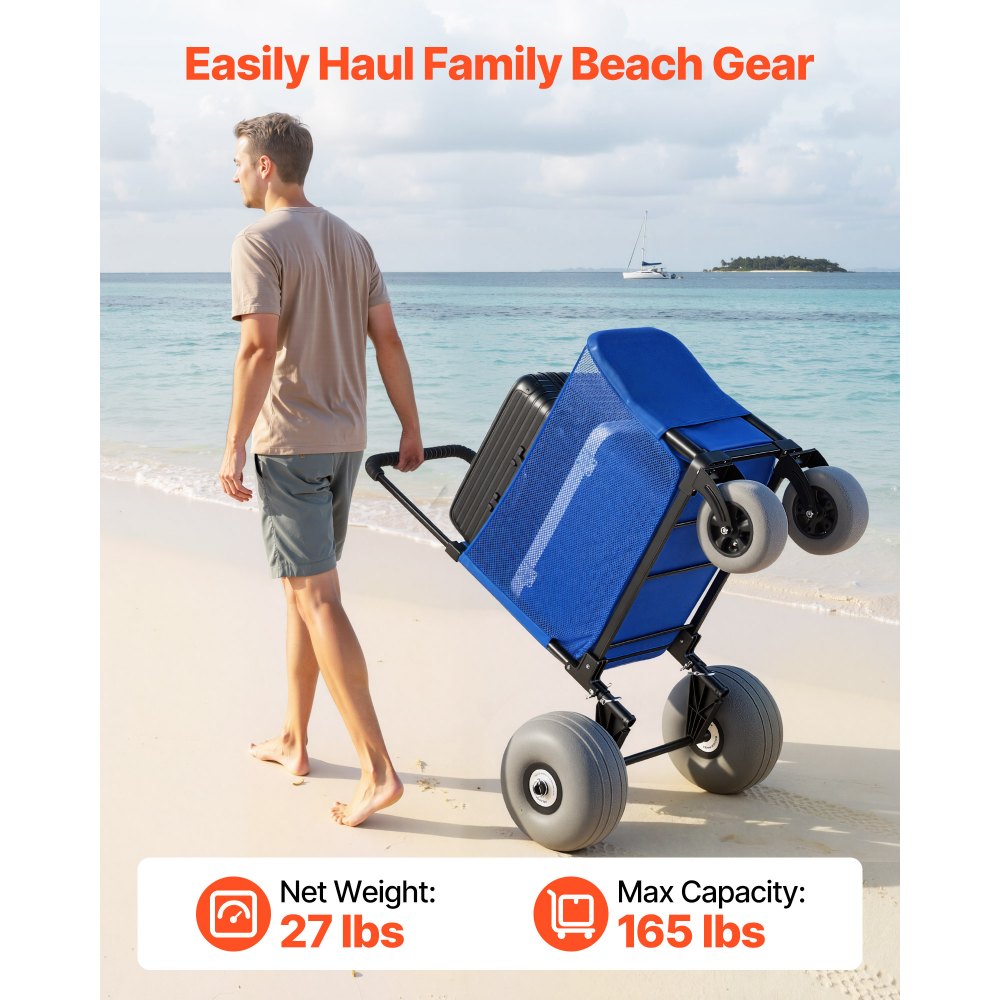 VEVOR Beach Cart with Large Wheels for Sand, 165 lbs Load Capacity, Heavy Duty Folding Beach Wagon with 12" Balloon Wheels, Storage Bag, 33" to 45" Adjustable Height, Dolly for Camping Fishing Garden