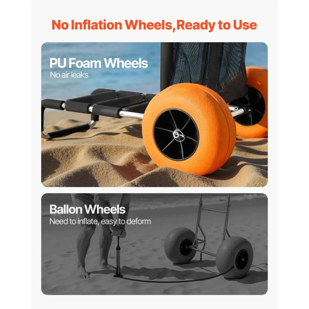 VEVOR Beach Dolly with Big Wheels for Sand, 29.9" x 15.4" Cargo Deck, w/ 12" Solid Wheels, 165LBS Loading Capacity Folding Sand Cart & 27" to 44.7" Adjustable Height, Heavy Duty Cart for Beach