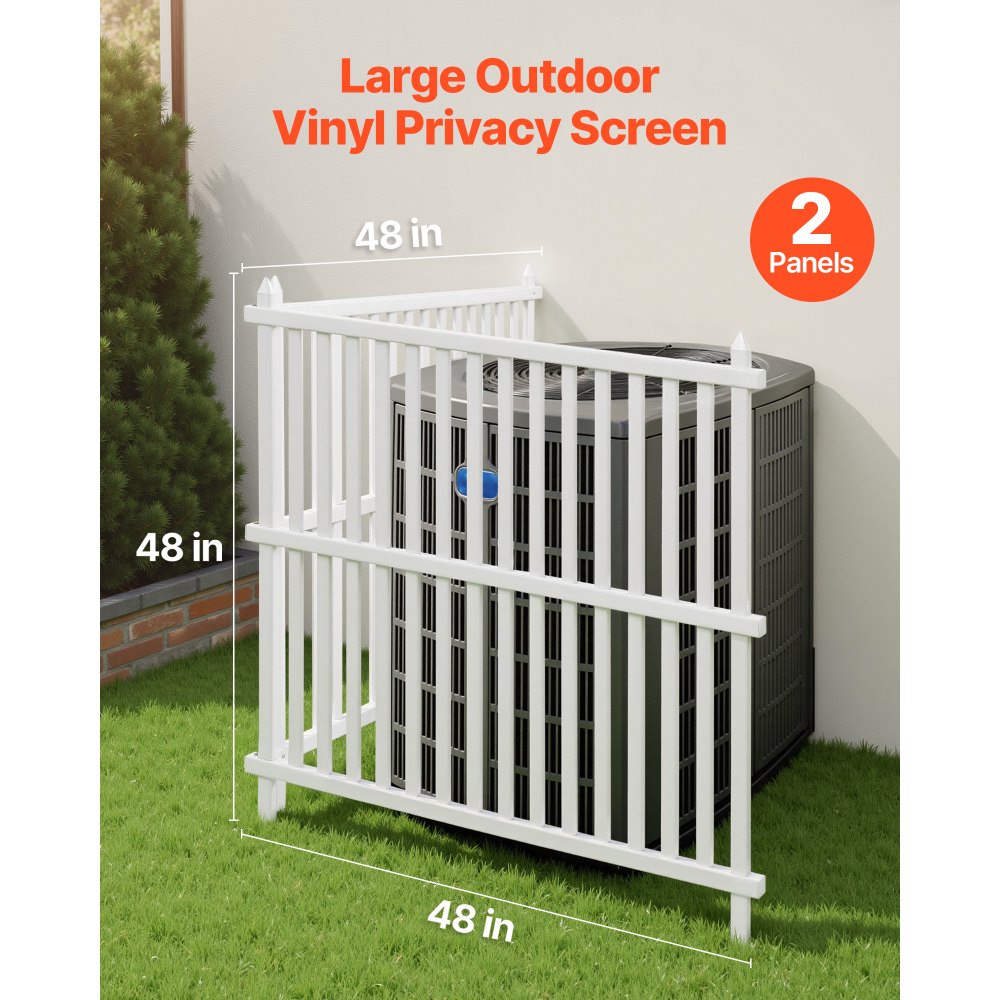 VEVOR 2 Panels Outdoor Privacy Screen, 48 x 48 in Air Conditioner Fence with 19.7 in Ground Stakes, Pool Equipment Enclosure, Strip Vinyl Privacy Fence, Ideal for Trash Can and A/C Units, White