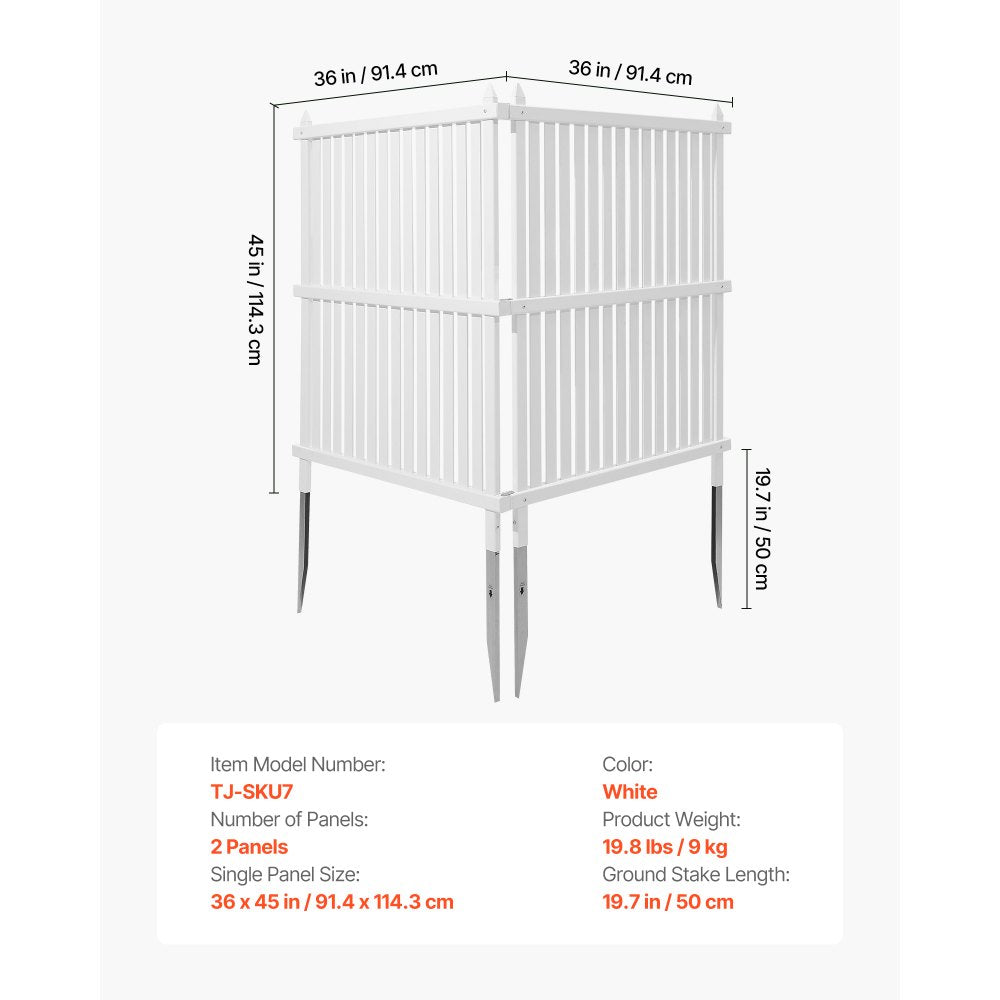 VEVOR 2 Panels Outdoor Privacy Screen, 36 x 45 in Air Conditioner Fence with 19.7 in Ground Stakes, Pool Equipment Enclosure, Strip Vinyl Privacy Fence, Ideal for Trash Can and A/C Units, White