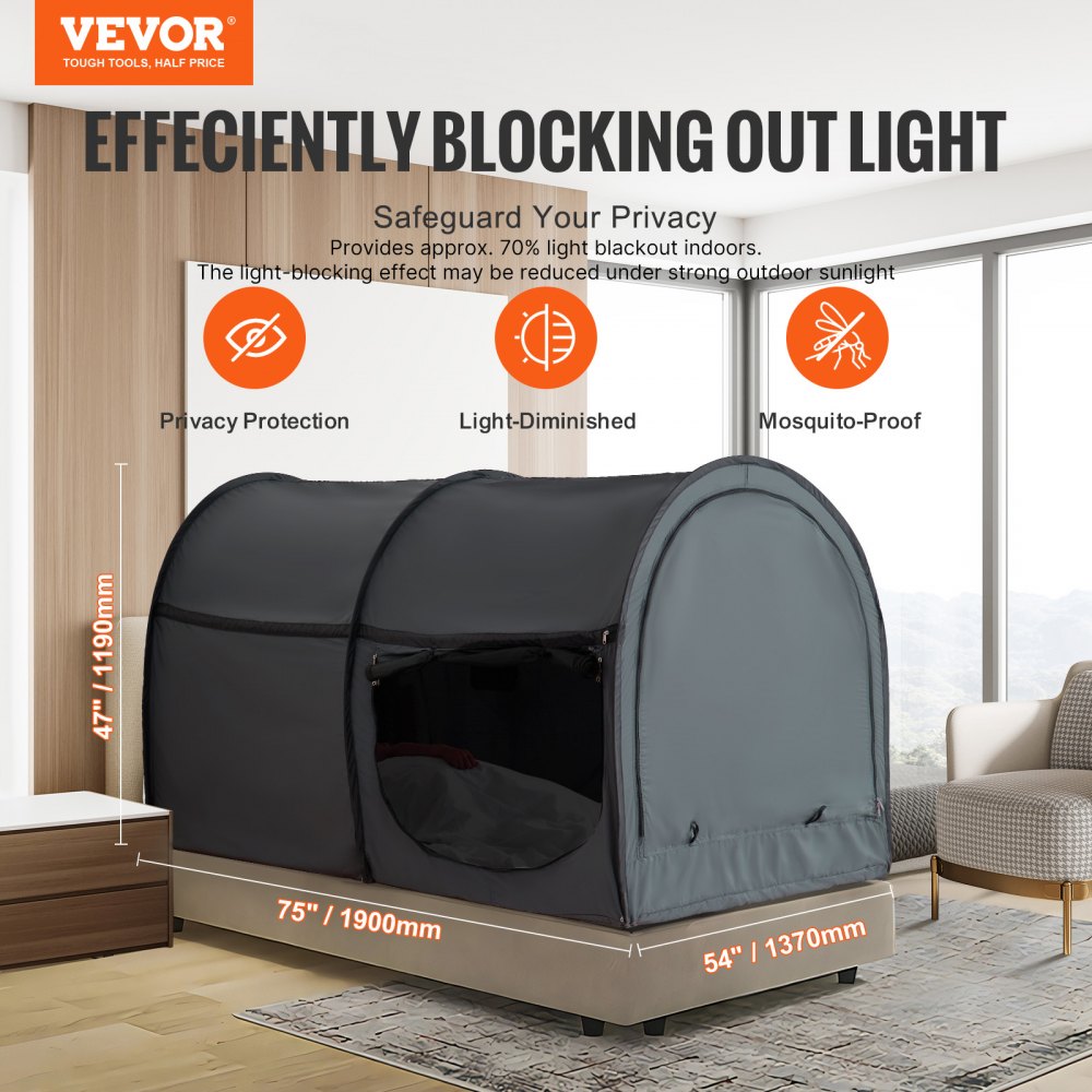 VEVOR Bed Tent, Pongee Fabric, 4 Doors Breathable Dream Tent with 0.28 in Fiber Poles on Bed Privacy, Full Size Block out Light Sleeping Bed Canopy, Fit for Kids Playhouse and Adults Sleeping Tent
