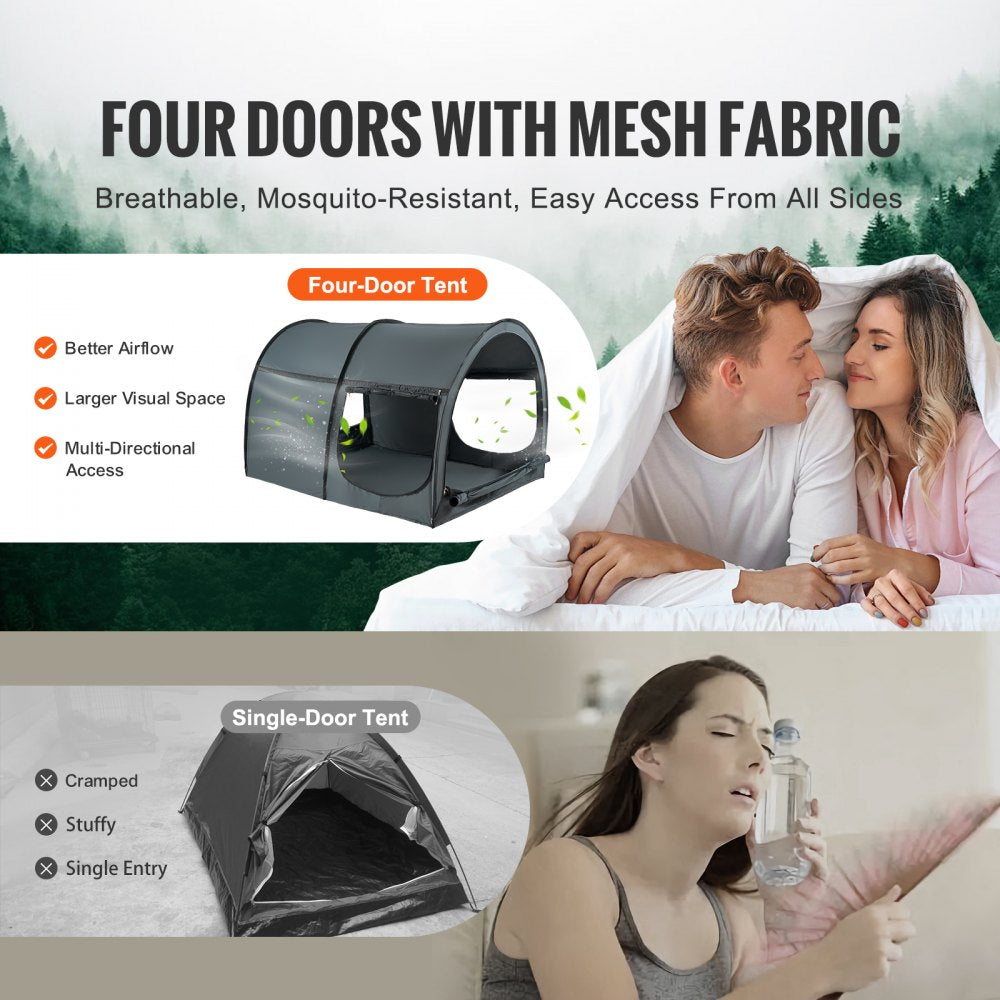 VEVOR Bed Tent, Pongee Fabric, 4 Doors Breathable Dream Tent with 0.28 in Fiber Poles on Bed Privacy, Full Size Block out Light Sleeping Bed Canopy, Fit for Kids Playhouse and Adults Sleeping Tent