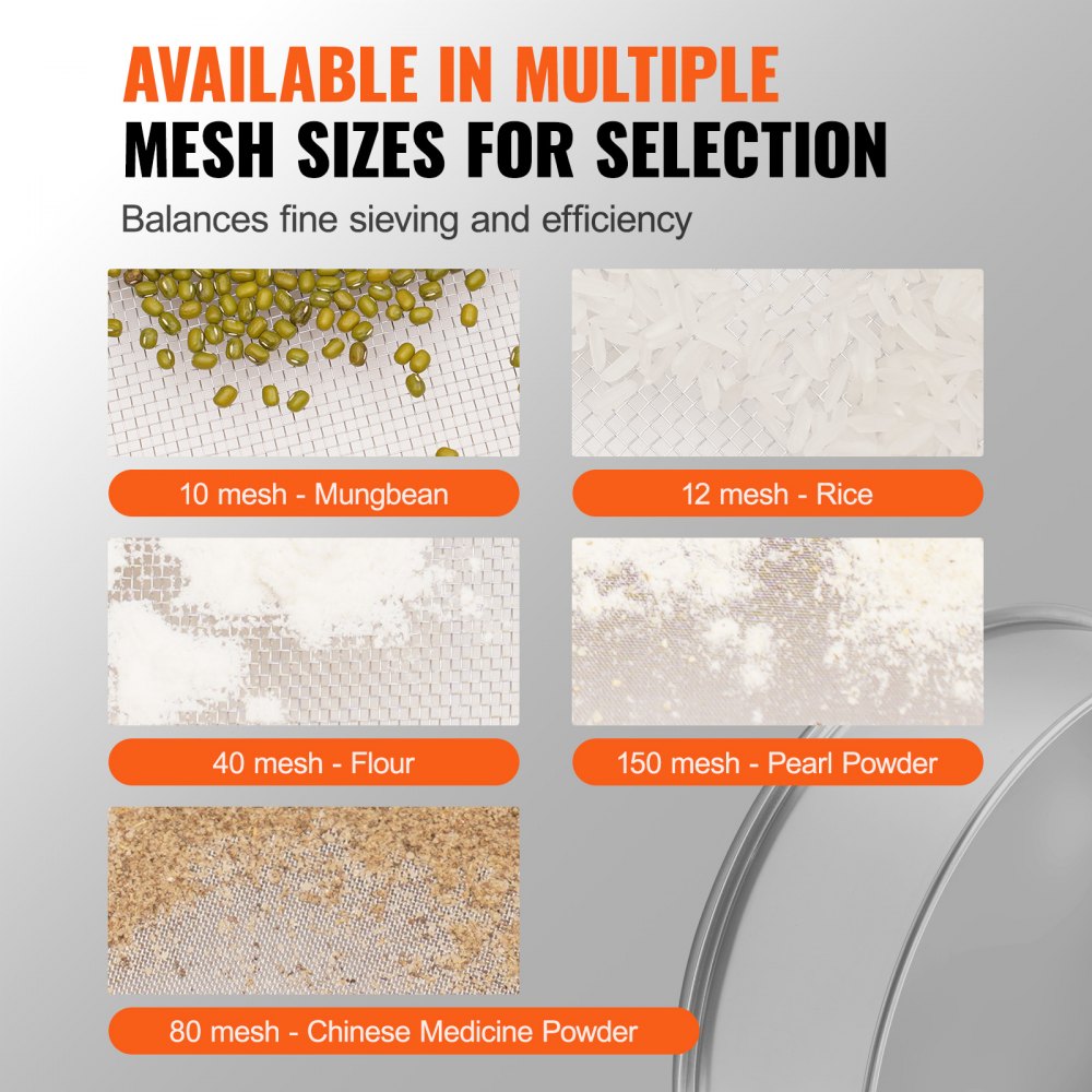 VEVOR Flour Sieve Fine Mesh, 10 Mesh Flour Sifter, 304 Stainless Steel Fine Mesh Sifter Food-grade, Dia. 12.6" Fine Mesh Strainers for Baking, 5 Sizes Mesh hole for Mungbean, Rice, Flour, Pearl Powder