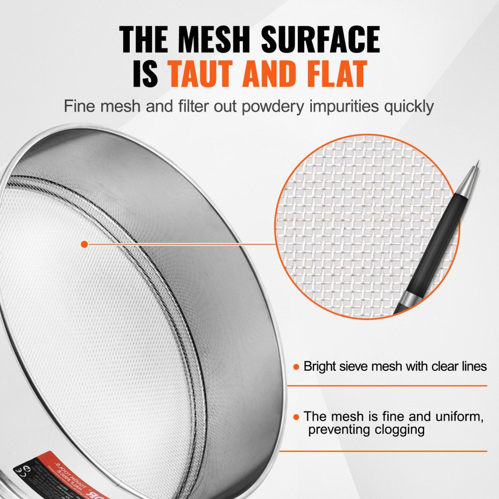 VEVOR Flour Sieve Fine Mesh, 12 Mesh Flour Sifter, 304 Stainless Steel Fine Mesh Sifter Food-grade, Dia. 12.6" Fine Mesh Strainers for Baking, 5 Sizes Mesh hole for Mungbean, Rice, Flour, Pearl Powder