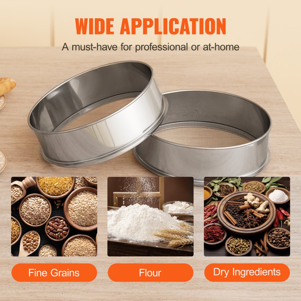 VEVOR Flour Sieve Fine Mesh, 12 Mesh Flour Sifter, 304 Stainless Steel Fine Mesh Sifter Food-grade, Dia. 12.6" Fine Mesh Strainers for Baking, 5 Sizes Mesh hole for Mungbean, Rice, Flour, Pearl Powder