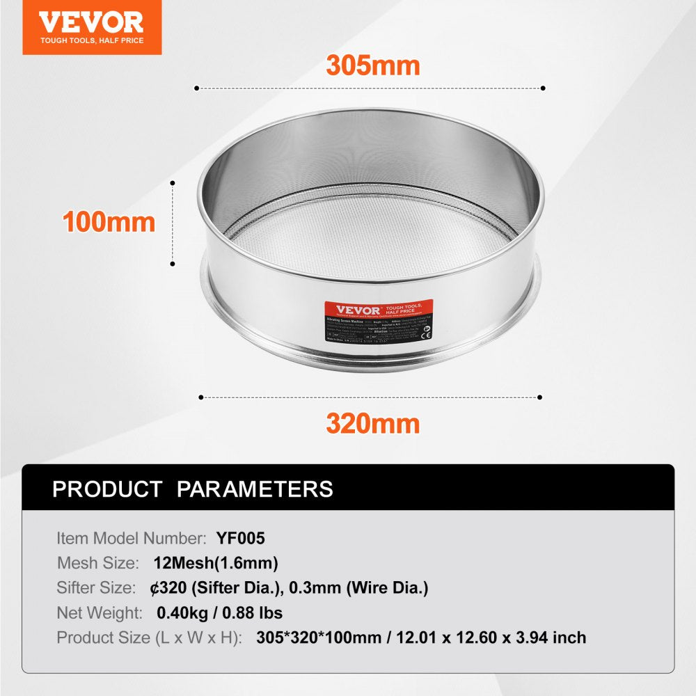 VEVOR Flour Sieve Fine Mesh, 12 Mesh Flour Sifter, 304 Stainless Steel Fine Mesh Sifter Food-grade, Dia. 12.6" Fine Mesh Strainers for Baking, 5 Sizes Mesh hole for Mungbean, Rice, Flour, Pearl Powder