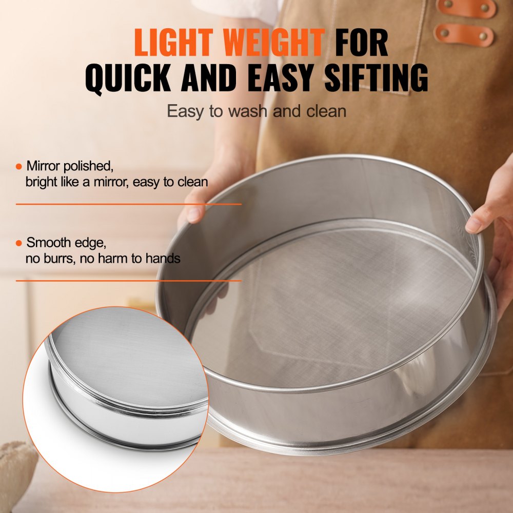 VEVOR Flour Sieve Fine Mesh, 150 Mesh Flour Sifter, 304 Stainless Steel Fine Mesh Sifter Food-grade, 12.6" Fine Mesh Strainers for Baking, 5 Sizes Mesh hole for Mungbean, Rice, Flour, Pearl Powder