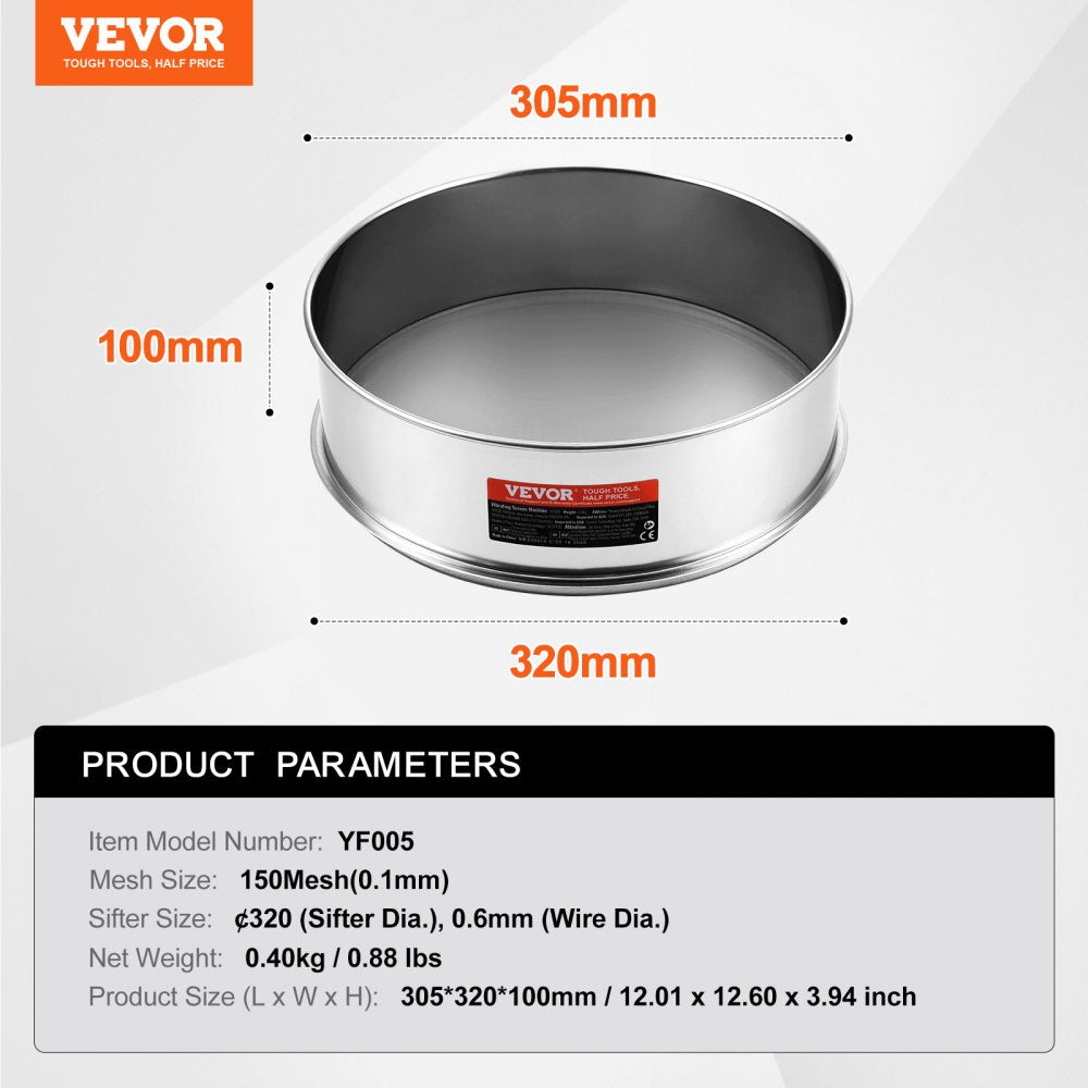VEVOR Flour Sieve Fine Mesh, 150 Mesh Flour Sifter, 304 Stainless Steel Fine Mesh Sifter Food-grade, 12.6" Fine Mesh Strainers for Baking, 5 Sizes Mesh hole for Mungbean, Rice, Flour, Pearl Powder