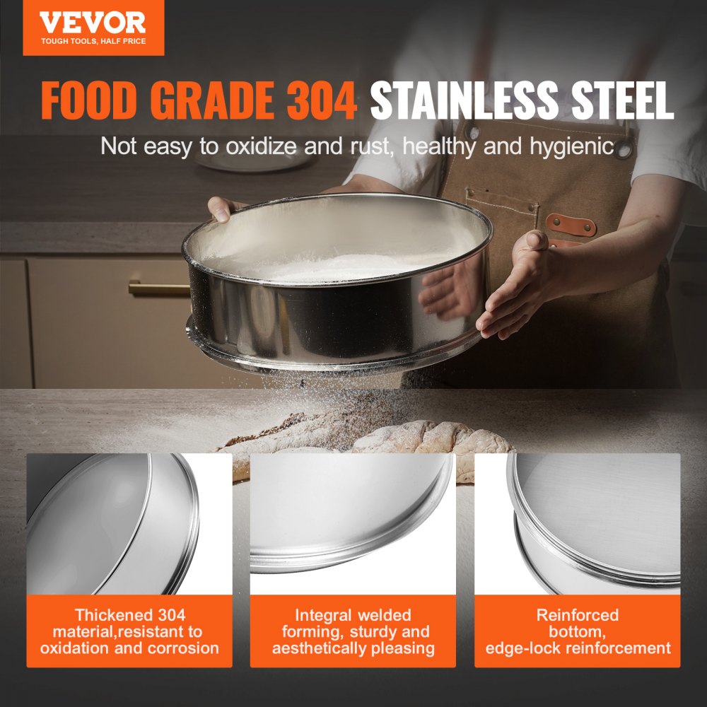 VEVOR Flour Sieve Fine Mesh, 80 Mesh Flour Sifter, 304 Stainless Steel Fine Mesh Sifter Food-grade, Dia. 12.6" Fine Mesh Strainers for Baking, 5 Sizes Mesh hole for Mungbean, Rice, Flour, Pearl Powder