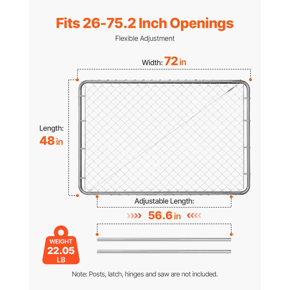 VEVOR Chain Link Fence Gate, 72 x 48 in, Adjustable Chain Link Fence Panel, Fit 2.2-6 ft (W) x 6 ft (H) Garden Fence Gate Opening, Rust-Resistant Galvanized Fencing Gate for Farm, Posts Not Included