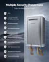 Multiple security protections (IPX4, leakage, flameout, dry-heating, overheat, timeout, pipe damage, high-temp lock, wind pressure, anti-freeze)