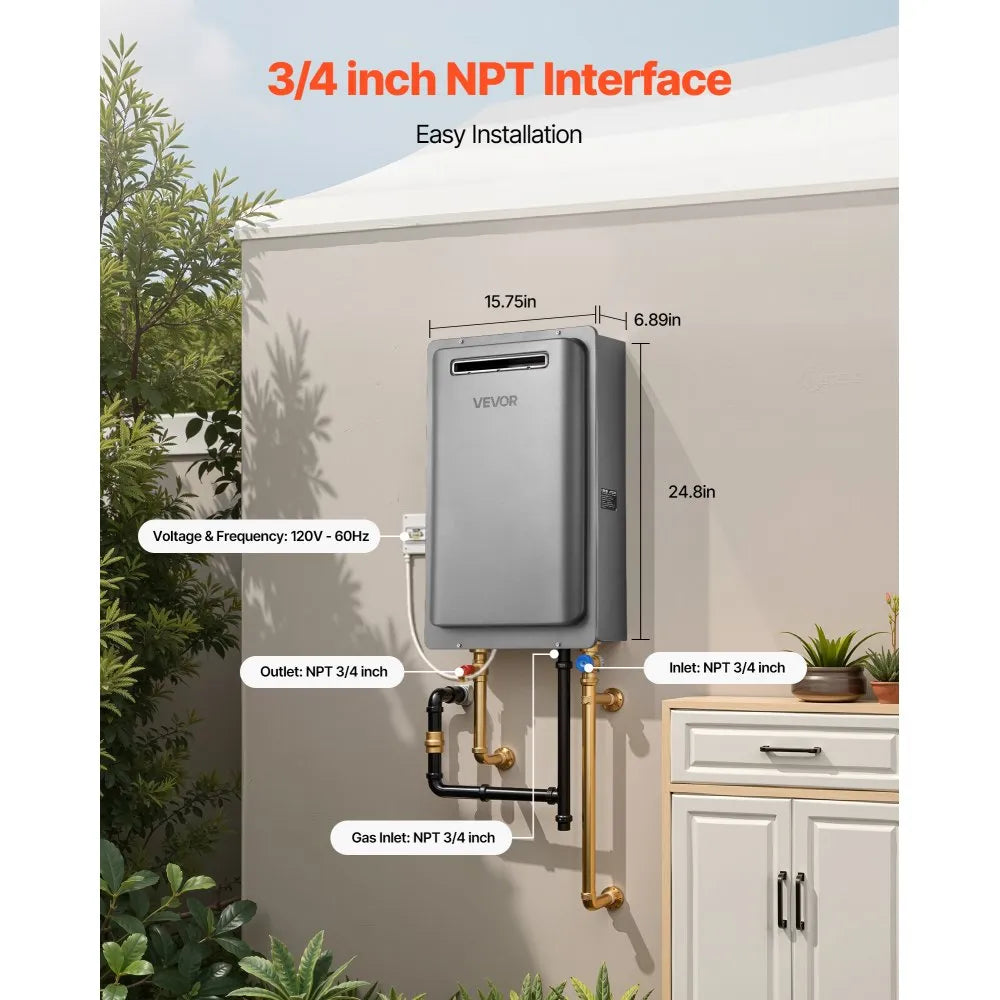 VEVOR Propane Tankless Water Heater - 3/4 inch NPT Interface and Installation Graphic
