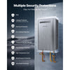 Multiple security protections infographic (IPX4, leak protection, flameout, dry-heating, overheat, timeout, pipe damage, high temp lock, wind pressure, anti-freeze)