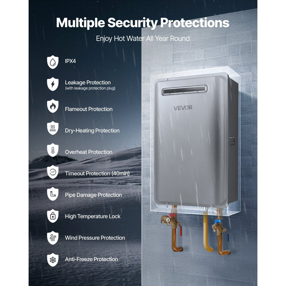 Multiple security protections infographic (IPX4, leak protection, flameout, dry-heating, overheat, timeout, pipe damage, high temp lock, wind pressure, anti-freeze)