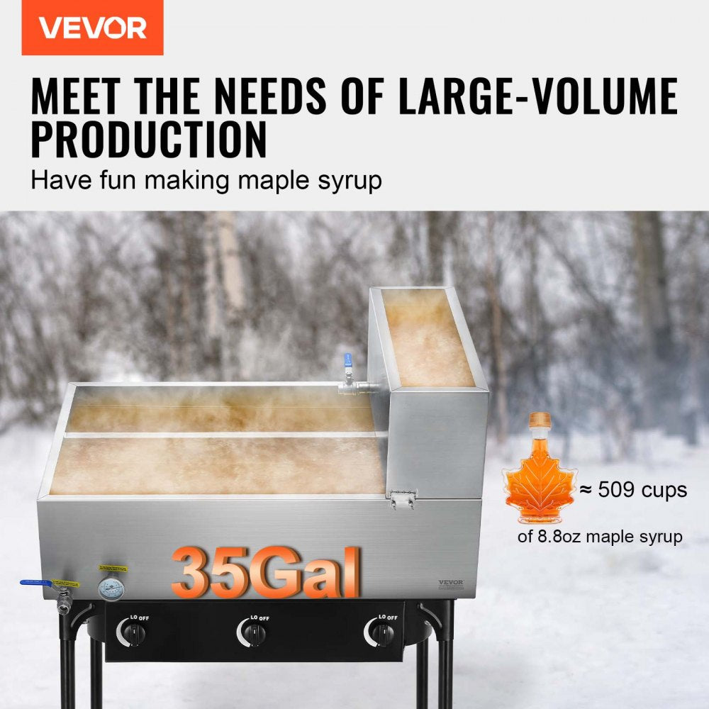 VEVOR Maple Syrup Evaporator Pan, 35 Gallon, 509 Cups of 8.8oz Maple Syrup, Flat Evaporator Pan with Thermometer, 2 Valves and 3 Heating Methods, Stainless Steel Maple Syrup Pan for Home, Outdoor