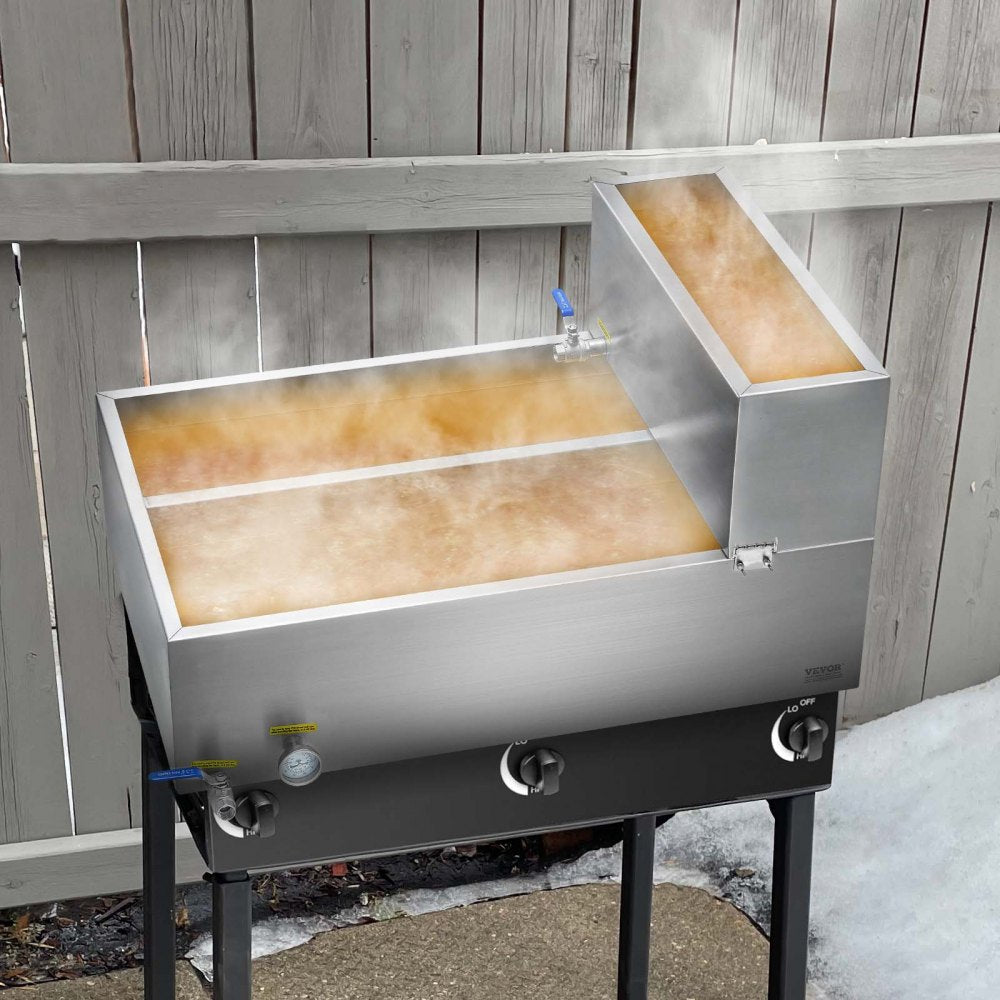 VEVOR Maple Syrup Evaporator Pan, 35 Gallon, 509 Cups of 8.8oz Maple Syrup, Flat Evaporator Pan with Thermometer, 2 Valves and 3 Heating Methods, Stainless Steel Maple Syrup Pan for Home, Outdoor