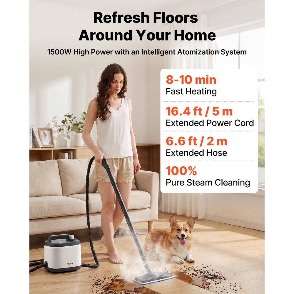 VEVOR Steam Cleaner, 51 oz Tank, Steamer for Cleaning with 19 Accessories, Extended Power Cord and Hose, Portable Handle, Fast Heating, Powerful Canister Steam Cleaner for Home, Car Detailing, Floors