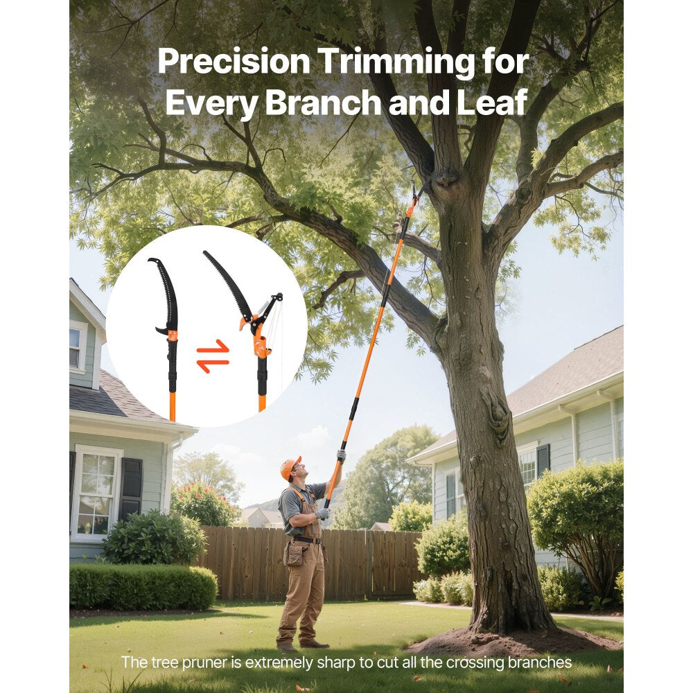 VEVOR Manual Pole Saw, 4.46-26.4 ft Extendable Tree Pruner with Scissors, Sharp 65Mn Steel Blade, Lightweight Fiberglass Handle Pole, Two Double-Hook Saws, for High Branch Trimming, Palms and Shrubs