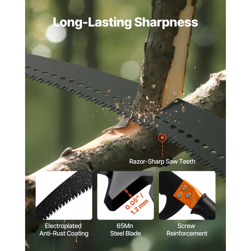 VEVOR Manual Pole Saw, 4.46-26.4 ft Extendable Tree Pruner with Scissors, Sharp 65Mn Steel Blade, Lightweight Fiberglass Handle Pole, Two Double-Hook Saws, for High Branch Trimming, Palms and Shrubs