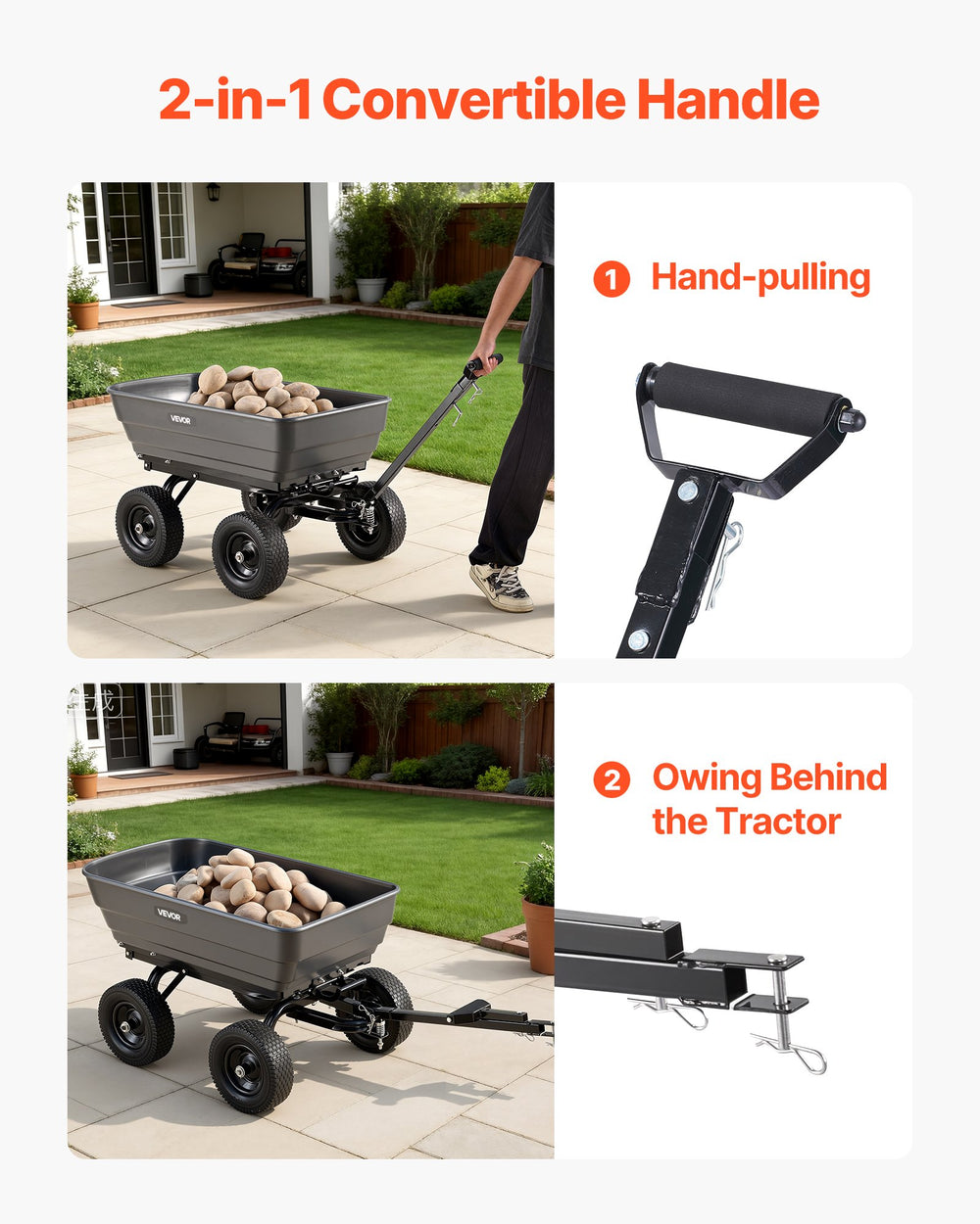 VEVOR Garden Dump Cart, 1200 lbs Poly Dump Cart, 6 Cu. Ft. Garden Carts Dumps Wagon with 2-in-1 Convertible Handle, 90° Quick-Dumps Mechanism, 180° Swivel Wheels, Yard Wagon for Plants, Soil, Crops