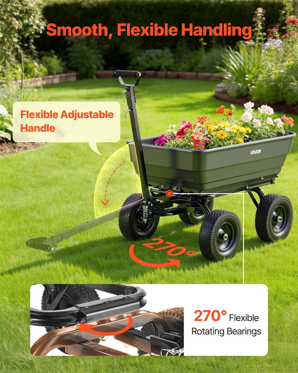 VEVOR Garden Dump Cart, 1200 lbs Poly Dump Cart, 6 Cu. Ft. Garden Carts Dumps Wagon with 2-in-1 Convertible Handle, 90° Quick-Dumps Mechanism, 180° Swivel Wheels, Yard Wagon for Plants, Soil, Crops