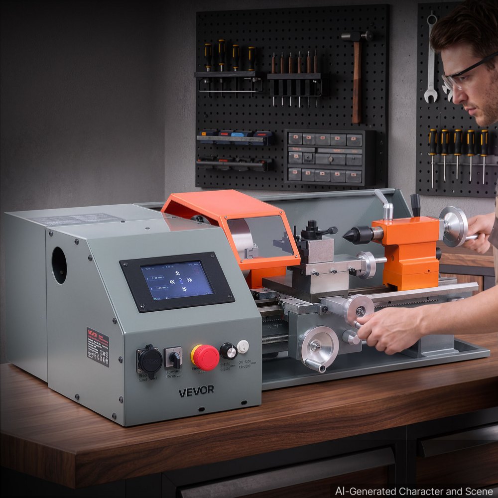 VEVOR Metal Lathe 8"x16" 1100W Benchtop CNC Metal Lathe Touchscreen Control, for Fully Automatic Metalworking Turning, Quick-Change Tool Post, Electronic Leadscrew Drive, Variable Speed 2500 RPM Max