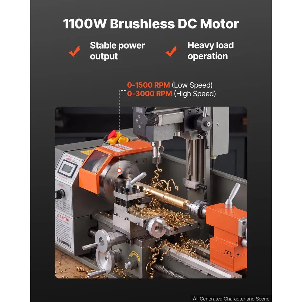 VEVOR Metal Lathe 8" x 16" 1100W Benchtop Multi-Purpose Lathe Machine, for Precision Metalworking Turning, Drilling & Milling Module, 3000 RPM Max Speed, Reversible Direction, with Metal Gears